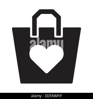 Eine einfache schwarze Silhouette einer Einkaufstasche mit einem auffälligen weißen Herz in der Mitte, das Liebe und Shopping symbolisiert. Stock Vektor