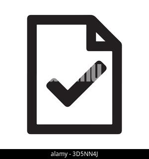 Ein einfaches Schwarzweiß-Symbol für ein Dokument mit einem großen Häkchen, das die Fertigstellung oder Genehmigung anzeigt. Stock Vektor