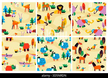 Dekoratives Muster mit handgezeichneten Tieren draußen. Bunte Sketch-Fauna-Zeichen in der Hintergrunddekoration Sammlung, Vektor-Illustration. Seamles Stock Vektor