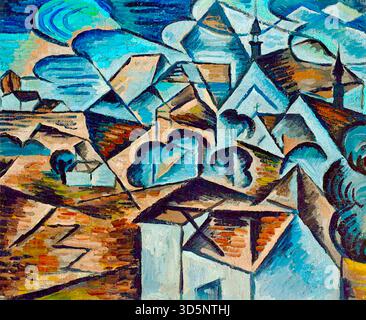 Bohumil Kubišta - Dorf 1911 - das Kunstwerk ist ein Beispiel für den tschechischen Kubismus, eine Bewegung, die kubistische Geometrie mit expressionistischen Farben und Themen vermischte. Kubišta war eine Schlüsselfigur der tschechischen Modern Art und Mitbegründer der Gruppe „Osma“ (die acht). Das Gemälde verwendet einen fragmentierten, geometrischen Stil, um eine Dorflandschaft mit lebendigen, nicht naturalistischen Farben darzustellen. Stockfoto