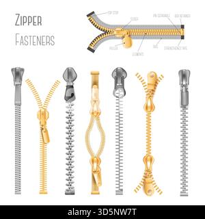 Metall- und Kunststoffverschlüsse, Reißverschlüsse isolierte Vektorobjekte. Kleidungskomponenten und Handtaschen-Accessoires, realistische Accessoires mit Reißverschluss. Schließen und operieren Stock Vektor