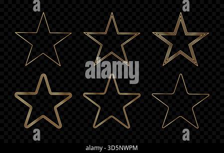 Goldene Sterne gesetzt, lineare Verlaufsrahmen auf transparentem Hintergrund. Festliche Sternenelemente, Grenzen gesetzt. Sternenformen zur Dekoration von Zertifikaten Stock Vektor