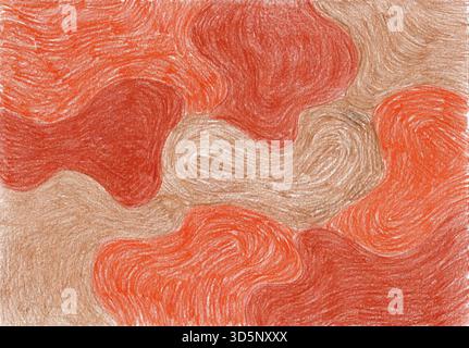 Abstrakter Hintergrund handgezeichnet mit Buntstiften oder Buntstiften. Mit wirbelnden, organischen Formen und welligen Linien in Herbstfarben. Terrakotta, Orange, Beige. Saisonale Herbstmotive, Vintage-Texturen. Stockfoto