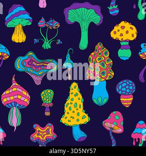 Säurepilzmuster. Nahtloser Druck von psychedelischen Trip farbenfrohen Amanita- und Pilzpilzen. Vektor-Hippie-Textur. Fantastisches Märchen Stock Vektor
