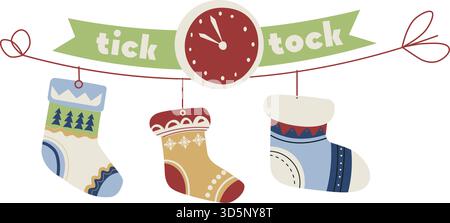 Bunte Illustration der Weihnachtsuhr mit drei Strümpfen, die darunter hängen. Vektorbild in verspieltem Stil, isoliert auf weißem Hintergrund. Geeignet für Stock Vektor