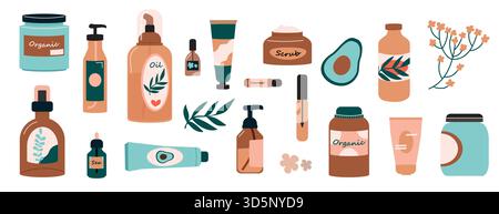 Organische Hautpflegekosmetik. Schönheitscreme natürliches Peeling und Öko-Shampoo, Make-up-Produkte in verschiedenen Verpackungen. Vektorflaschen Gefäße für Face m Stock Vektor