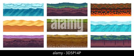 Spielebenerde. Nahtloser Boden aus verschiedenen Texturen und Materialien für Ebene Konstruktion, Felsen Eis Gras Sand biomes Asset. Vektorerde Textur Stock Vektor