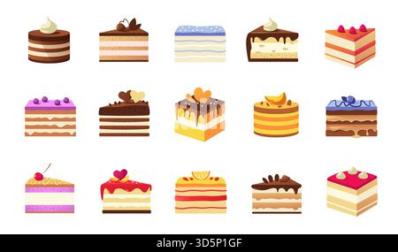 Cartoon-Stück Kuchen. Verschiedene bunte Kuchen Scheiben, Käfig und Restaurant süßen Dessert mit Sahneglasur Früchte und Kekse. Vector Gebäckstücke Set. Stock Vektor