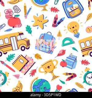 Muster der Schulabzeichen. Nahtloser Druck von Bildung Schreibwaren liefert, niedliche bunte Wochenplaner Buch Aufkleber. Vektor-Textur-Illustration. Zugriff Stock Vektor