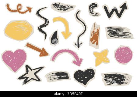 Ausschnitt zerrissene Papierstücke geometrische Formen, Pfeile, Grunge Buntstift handgezeichnet Set. Collage funky, groovige Retro-Doodle-Teile, Scrapbook-Elemente, Design. Vektorabbildung Stock Vektor