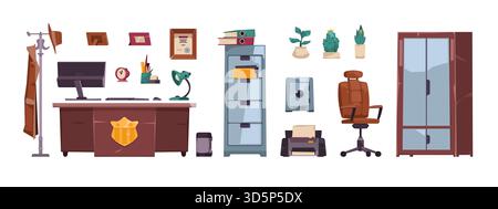 Detektivbüro-Set. Innenelemente der Polizeiabteilung, Elemente am Arbeitsplatz des Ermittlers, Hinweistafel mit flachem Beweismaterial. Vektor-Zeichentrickfilm Co Stock Vektor