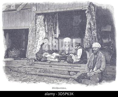 Gravur eines traditionellen Pelzgeschäfts (Kozarska radnja) in Sarajevo, mit Handwerkern und hängenden Pelzpelzen, die den Handel aus dem 19. Jahrhundert darstellen Stockfoto