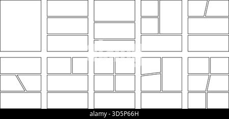 Comic-Panel-Set. Leere Vorlage für Manga-Collage. Bereich für Storyboard-Layout. Leerer Zeilenrahmen für Fotocollage. Comic-Brett-Mockup. Vektor Stock Vektor
