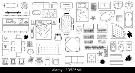 Minimalistische Ikonen im Innenraum mit modernen Wohngegenständen. Möbel umreißen Draufsicht. CAD Stock Vektor