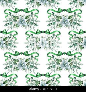 Elegantes nahtloses Weihnachtsmuster mit weißen Weihnachtskugeln, Eukalyptusgrün, Kiefernnadeln und hellgrünen Bögen. Perfekt für Winterverpackungen Stockfoto