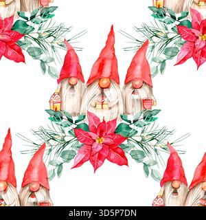 Nahtloses Weihnachtsmuster mit Aquarellgnomen, roten Weihnachtsstern, Tannenzweigen und Eukalyptusgrün. Perfekt für Weihnachtsverpackungen, festlich Stockfoto