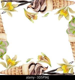 Vanille- und Schokoladeneis in Waffelkegel, gefrorenem Joghurt Schlagsahne-Mousse, Orchideenblüte und Schote. Isolierter quadratischer Rahmen Stockfoto