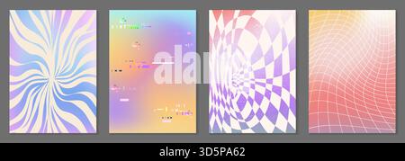 Y2K Pastellhintergründe mit abstrakter Kornstruktur und niedlichen geometrischen Mustern. Wirbelnde Spiralwellen, störende digitale Artefakte, karierte Verzerrungskugel und gekrümmtes Gittergitter in weichen Farbtönen. Stock Vektor