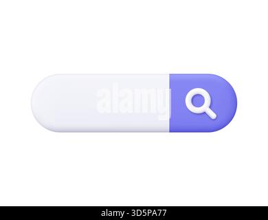 Weiße und violette Suchleiste mit Lupe. Internet-Suche, Web-Browsing, Online-Abfrage, Technologie und Benutzeroberflächenkonzept. Symbol für 3D-Vektor. Stock Vektor