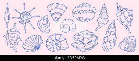 Vintage Muscheln und Küsten-Doodle-Illustration mit Strandelementen. Hand gezeichneter Muschelschalen-Vektor mit Ozean- und nautischen Details im Retro-Stil. Marine Sketch für Sommerreisen. Stock Vektor