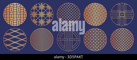 Japanisches Muster mit goldenen Kreisen und traditionellen orientalischen geometrischen Rahmen auf blauem Hintergrund. Elegantes asiatisches Design mit Vintage-Elementen. Dekorative Vektor-Illustration mit symbolischen Blumenmotiven. Stock Vektor