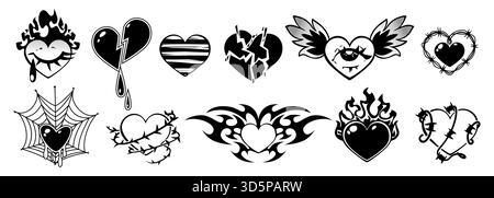 Gothic Heart Tattoo Designs mit y2k Gothic Emo Elementen – gebrochene Herzen, geflügelte Symbole, Stacheldrahtrahmen und brennende Symbole. Schwarze Vektorkunst mit Stammesfeuer-Flammen für dunklen romantischen Stil Stock Vektor