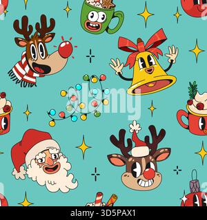 Nahtloses Cartoon-Retro-Muster mit groovigen Weihnachtselementen. Vektor-Feiertagsillustration mit alten Weihnachtsfiguren, funky Santa Kopf und Winterglocken, fröhliche Dekorationen. Trendiges Comic y2k-Design. Stock Vektor