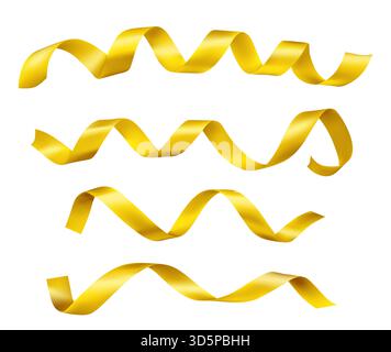 Goldene Satinbänder mit Metallic-Glanz isoliert auf weißem Hintergrund - gewellte und verdrehte Bänder für Geschenkverpackungen, Festdekorationen oder festliches Design. Wellige Bandelemente aus Seide in Hochglanzgold. Stock Vektor
