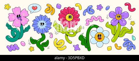 Retro-Blumenfiguren und Farbkritzeleien isoliert auf weißem Hintergrund. Vektor-Zeichentrick-Illustration Set von groovigen Blumenmaskottchen mit lustigen Gesichtern, glücklichen Gartenpflanzen, niedlichen Emoji, Vintage-Aufklebern Stock Vektor