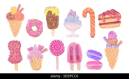 Doodle Buntstifte Dessert Kollektion mit Eiskrem und Donut, Eiszapfen und kreidestrukturierten Süßspeisen. Bunte handgezeichnete Leckereien - Zuckerrohr, mehrschichtiger Kuchen und Macarons. Stock Vektor