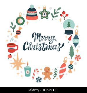 Handgezeichneter Weihnachtsrunder Rahmen, Kopierraum, Postkarte, Grußkarte. Kritzelnde Weihnachtsdekoration mit rundem Rahmen. Frohe Weihnachtsschrift. Weihnachtsgeschenke, Süßigkeiten, Süßigkeiten, Kekse. Vektor Stock Vektor