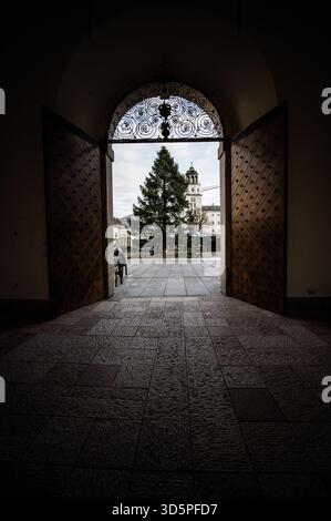 Aufbauarbeiten und Aufbau des Salzburger Christkindlmarktes am Residenzplatz und Domplatz am 11.11.2025. Im Bild: Der ungeschmückte Weihnachtsbaum am Tag seiner Anreise // Vorbereitung und Einrichtung des Salzburger Weihnachtsmarktes am Residenzplatz und Domplatz am 11. November 2025. Im Bild: Der undekorierte Weihnachtsbaum am Tag seiner Ankunft. - 20251111 PD20463 Stockfoto