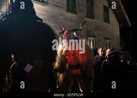 Mitglieder verschiedener Krampus - und Perchtengruppen bei einem Umzug und Krampuslauf in Elixhausen, Salzburgerland, am 15.11.2025. // Mitglieder verschiedener Krampus- und Perchtengruppen während einer Parade und Krampus-Parade in Elixhausen, Salzburg, am 15. November 2025. - 20251115 PD16890 Credit: APA-PictureDesk/Alamy Live News Stockfoto