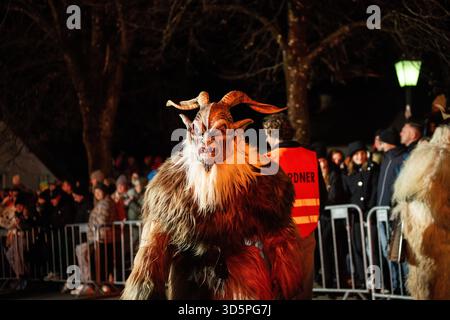 Mitglieder verschiedener Krampus - und Perchtengruppen bei einem Umzug und Krampuslauf in Elixhausen, Salzburgerland, am 15.11.2025. // Mitglieder verschiedener Krampus- und Perchtengruppen während einer Parade und Krampus-Parade in Elixhausen, Salzburg, am 15. November 2025. - 20251115 PD16900 Credit: APA-PictureDesk/Alamy Live News Stockfoto