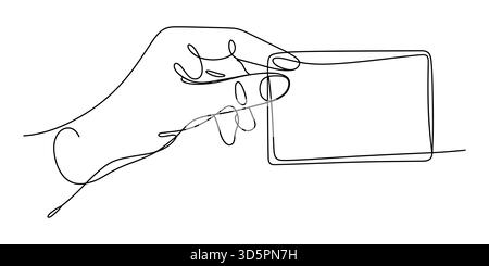 Fortlaufende Strichzeichnung einer Hand, die eine leere rechteckige Karte hält Stock Vektor