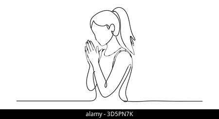 Minimalistische Einzeilen-Kunst einer Frau, die betet, meditiert oder nachdenkt Stock Vektor