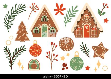 Set mit weihnachtlichen Elementen, ein winterliches Set mit Keksen und Lebkuchen. Handgezeichnete Illustration, flacher Stil. Skandinavisches Weihnachtsclipart. Stock Vektor