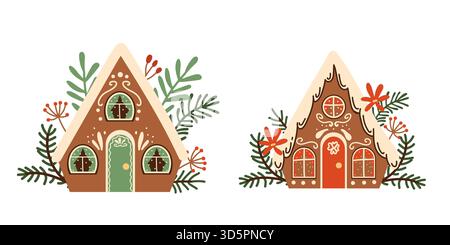 Niedliche Lebkuchenhäuser. Skandinavische Weihnachtsclips, handgezeichnet. Perfekt für T-Shirt-Logos, Grußkarten, Poster oder Kinderzimmer. Stock Vektor