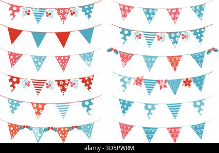 Weihnachtsvektor Dreiecksgirlande in blauen und roten Farben für Einladungen und Grußkarten Stock Vektor