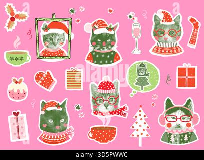 Lustige Vektor-Set mit niedlichen Katzen Gesichtern, halbfarbige Papier Collage Stil mit Hüten und Tüchern, Weihnachten grafische Design Elemente Stock Vektor