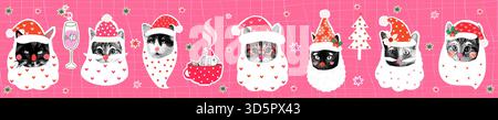 Lustige und süße Vektor Hipster Santa Claus Katze Gesichter, Halftone Collage Weihnachten Kätzchen Gesichter Banner, Poster Stock Vektor