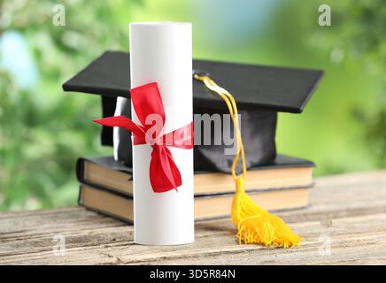 Graduierungskappe, Diplom und Bücher auf Holztisch vor verschwommenem Hintergrund, selektiver Fokus Stockfoto