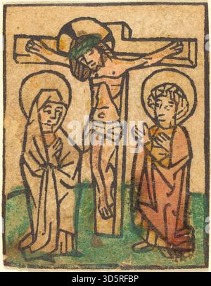 Ein deutsches Kunstwerk aus der Mitte des 15. Jahrhunderts, das Christus am Kreuz darstellt, mit detaillierter Darstellung von Anatomie, Vorhängen und symbolischen religiösen Elementen. Stockfoto