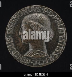 Porträt von Sigismondo Pandolfo Malatesta, Herr von Rimini und Fano, 1417–1468, mit edlen Merkmalen, Kleidung und künstlerischem Stil der Renaissance, erstellt von Matteo de’ Pasti im Jahr 1446. Stockfoto