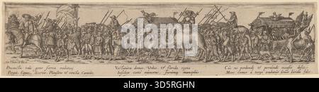 Ein Stich von Jan Theodor de Bry nach Barthel Beham, der marschierende Soldaten mit einem Waffenwagen in der Mitte darstellt. Die Komposition betont militärische Formation, Rüstungsdetails und disziplinierte Bewegung. Stockfoto