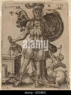 Abraham de Bruyns Gravur „Jupiter“ (1569) zeigt den römischen Gott Jupiter mit klassischen Attributen, die Autorität und Göttlichkeit betonen. Die Figur wird in detaillierter Linienarbeit mit Aufmerksamkeit auf Haltung, Ausdruck und symbolische Objekte gerendert. De Bruyn, ein flämischer Künstler des 16. Jahrhunderts, vermittelt mythologische Genauigkeit und ästhetische Komposition. Stockfoto