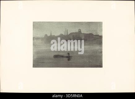 Gemälde von James McNeill Whistler, das zwischen 1878 und 1887 mit dem Titel Nocturne entstand, zeigt eine Nachtszene mit Wasserreflexionen, subtilen tonalen Kontrasten und atmosphärischer Betonung, die für seinen Stil charakteristisch ist. Stockfoto