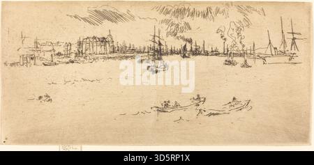 Ein Werk von James McNeill Whistler aus dem Jahr 1887, das eine Tilbury-Kutsche zeigt, die Fahrzeugkonstruktion, Figuren, Pferdegeschirr, städtische Umgebung, und europäische Tonmaltechnik. Stockfoto