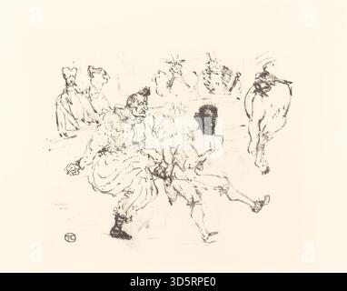 Eine Darstellung nach Henri de Toulouse-Lautrec des Clown-Paares Footit und Chocolat, die dynamische Posen, expressive Gesten und charakteristische französische Illustrationstechniken der späten 1800er Jahre zeigt Stockfoto