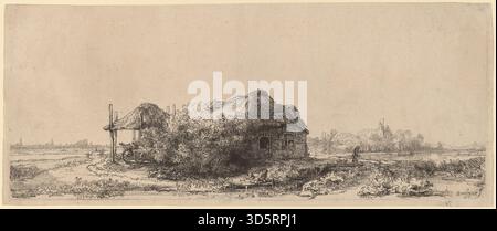 Rembrandt van Rijns längliches Landschaftsbild aus dem Jahr 1641 zeigt eine Hütte und eine Heuscheune mit umliegenden Bäumen, Feldern und Wegen, die Licht, Schatten, und die Aufmerksamkeit des niederländischen Goldenen Zeitalters auf natürliche Details und ländliche Architektur. Stockfoto